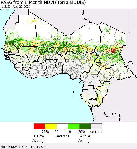 Western Africa PASG from 1-Month NDVI (Terra-MODIS) Thematic Map For 8/13/2023 - 8/20/2023