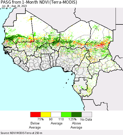 Western Africa PASG from 1-Month NDVI (Terra-MODIS) Thematic Map For 8/21/2023 - 8/28/2023