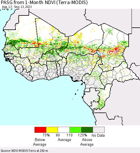 Western Africa PASG from 1-Month NDVI (Terra-MODIS) Thematic Map For 9/6/2023 - 9/13/2023