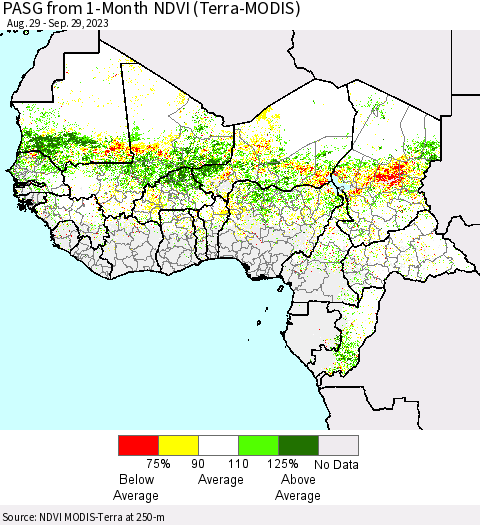 Western Africa PASG from 1-Month NDVI (Terra-MODIS) Thematic Map For 9/22/2023 - 9/29/2023