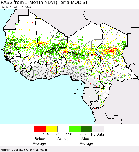 Western Africa PASG from 1-Month NDVI (Terra-MODIS) Thematic Map For 10/8/2023 - 10/15/2023