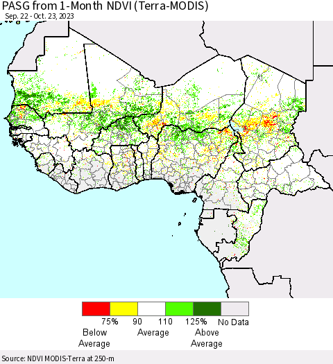 Western Africa PASG from 1-Month NDVI (Terra-MODIS) Thematic Map For 10/16/2023 - 10/23/2023