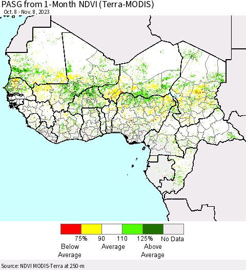 Western Africa PASG from 1-Month NDVI (Terra-MODIS) Thematic Map For 11/1/2023 - 11/8/2023