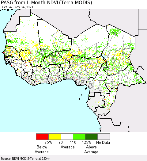 Western Africa PASG from 1-Month NDVI (Terra-MODIS) Thematic Map For 11/17/2023 - 11/24/2023