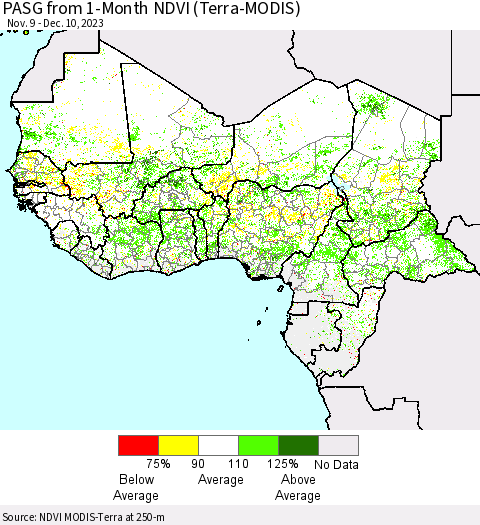 Western Africa PASG from 1-Month NDVI (Terra-MODIS) Thematic Map For 12/3/2023 - 12/10/2023