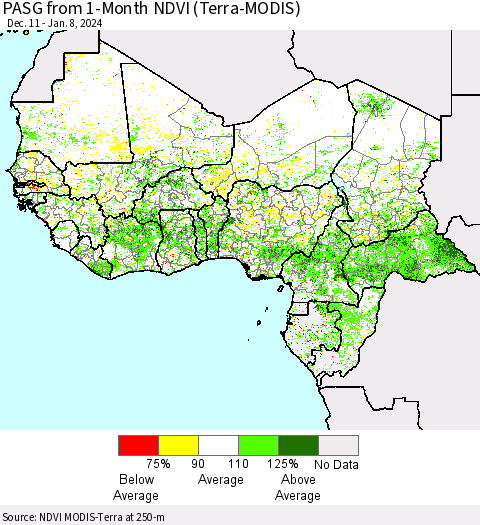 Western Africa PASG from 1-Month NDVI (Terra-MODIS) Thematic Map For 1/1/2024 - 1/8/2024