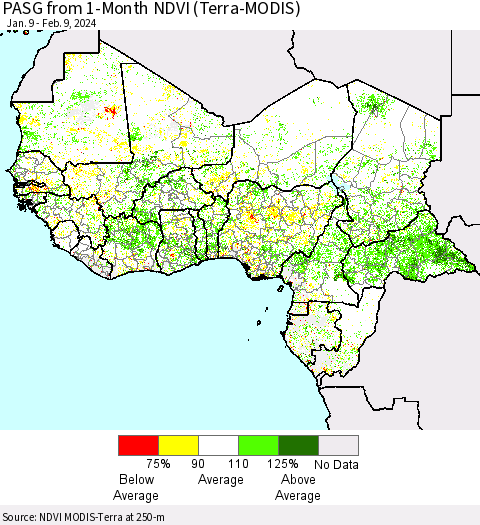 Western Africa PASG from 1-Month NDVI (Terra-MODIS) Thematic Map For 2/2/2024 - 2/9/2024