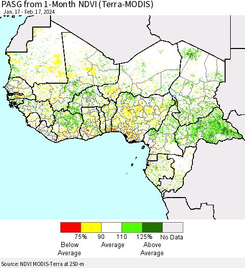 Western Africa PASG from 1-Month NDVI (Terra-MODIS) Thematic Map For 2/10/2024 - 2/17/2024