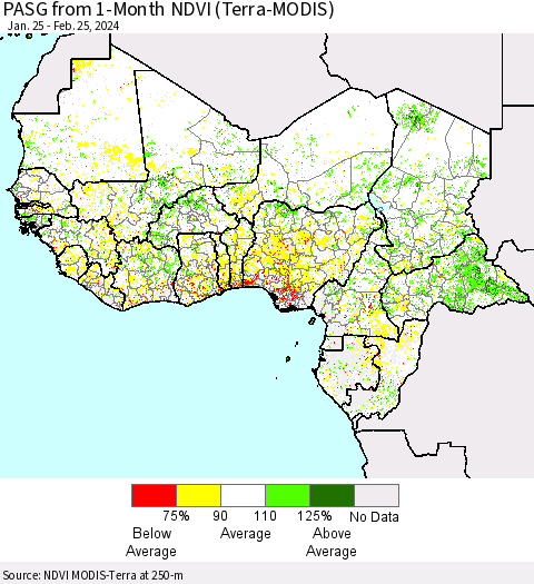 Western Africa PASG from 1-Month NDVI (Terra-MODIS) Thematic Map For 2/18/2024 - 2/25/2024