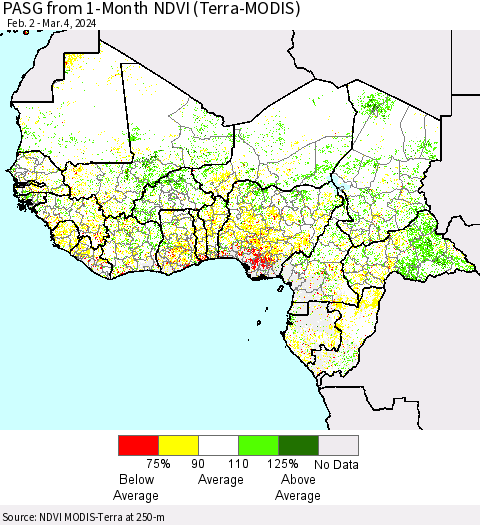 Western Africa PASG from 1-Month NDVI (Terra-MODIS) Thematic Map For 2/26/2024 - 3/4/2024