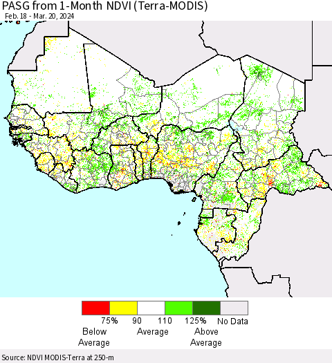 Western Africa PASG from 1-Month NDVI (Terra-MODIS) Thematic Map For 3/13/2024 - 3/20/2024
