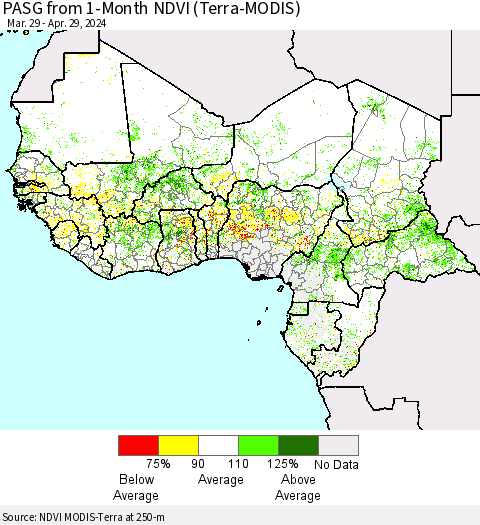 Western Africa PASG from 1-Month NDVI (Terra-MODIS) Thematic Map For 4/22/2024 - 4/29/2024