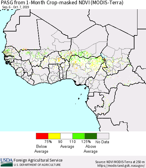 Western Africa PASG from 1-Month Cropland NDVI (Terra-MODIS) Thematic Map For 10/1/2019 - 10/10/2019