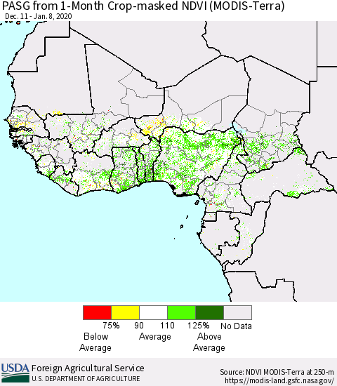 Western Africa PASG from 1-Month Cropland NDVI (Terra-MODIS) Thematic Map For 1/1/2020 - 1/10/2020