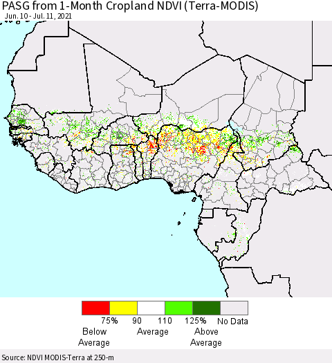 Western Africa PASG from 1-Month Cropland NDVI (Terra-MODIS) Thematic Map For 7/4/2021 - 7/11/2021