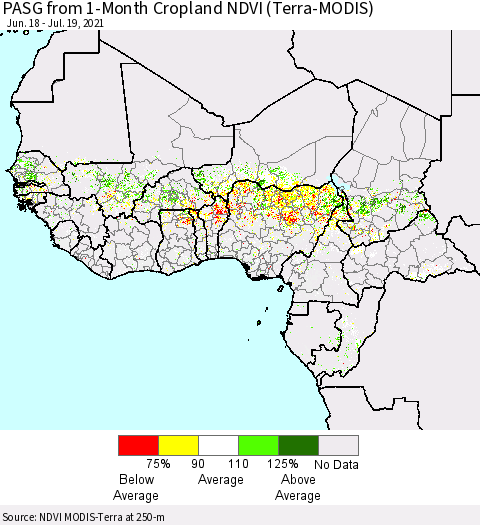 Western Africa PASG from 1-Month Cropland NDVI (Terra-MODIS) Thematic Map For 7/12/2021 - 7/19/2021