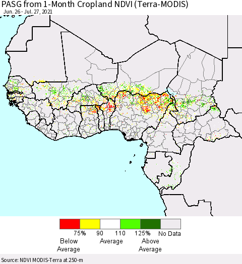 Western Africa PASG from 1-Month Cropland NDVI (Terra-MODIS) Thematic Map For 7/20/2021 - 7/27/2021