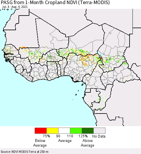 Western Africa PASG from 1-Month Cropland NDVI (Terra-MODIS) Thematic Map For 7/28/2021 - 8/4/2021