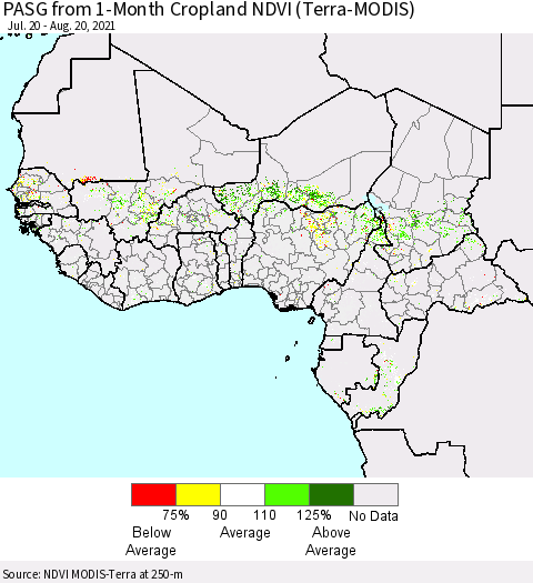 Western Africa PASG from 1-Month Cropland NDVI (Terra-MODIS) Thematic Map For 8/13/2021 - 8/20/2021