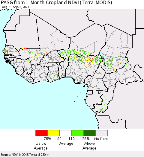 Western Africa PASG from 1-Month Cropland NDVI (Terra-MODIS) Thematic Map For 8/29/2021 - 9/5/2021