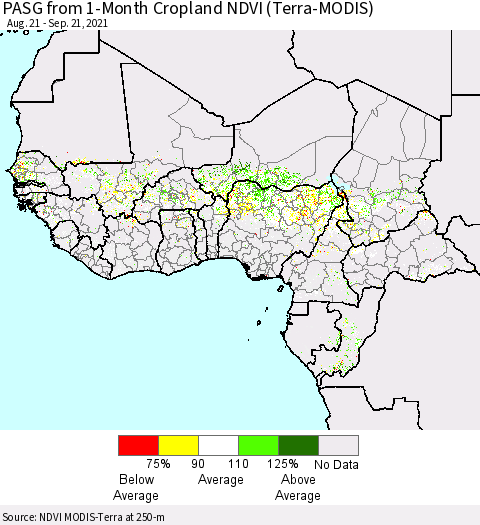Western Africa PASG from 1-Month Cropland NDVI (Terra-MODIS) Thematic Map For 9/14/2021 - 9/21/2021