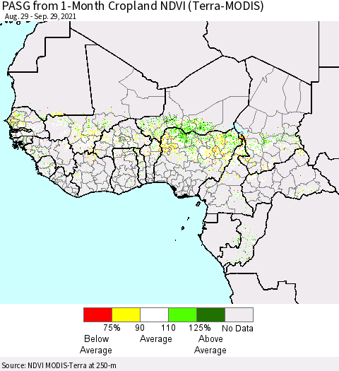 Western Africa PASG from 1-Month Cropland NDVI (Terra-MODIS) Thematic Map For 9/22/2021 - 9/29/2021