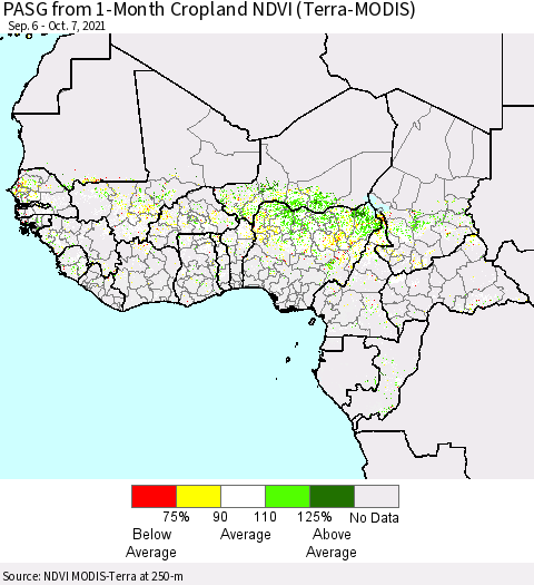 Western Africa PASG from 1-Month Cropland NDVI (Terra-MODIS) Thematic Map For 9/30/2021 - 10/7/2021
