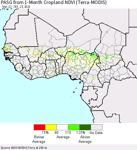 Western Africa PASG from 1-Month Cropland NDVI (Terra-MODIS) Thematic Map For 10/16/2021 - 10/23/2021