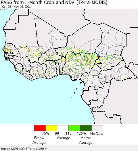 Western Africa PASG from 1-Month Cropland NDVI (Terra-MODIS) Thematic Map For 11/9/2021 - 11/16/2021