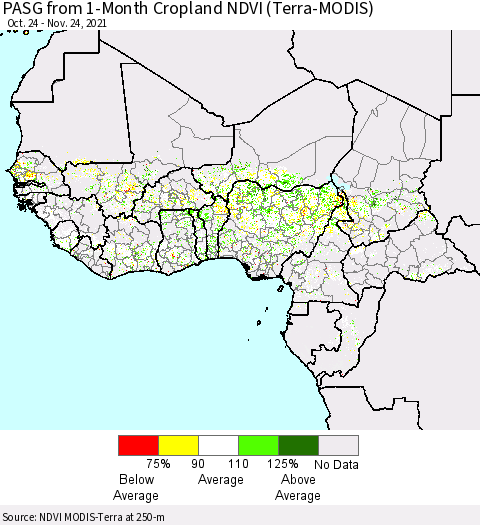 Western Africa PASG from 1-Month Cropland NDVI (Terra-MODIS) Thematic Map For 11/17/2021 - 11/24/2021
