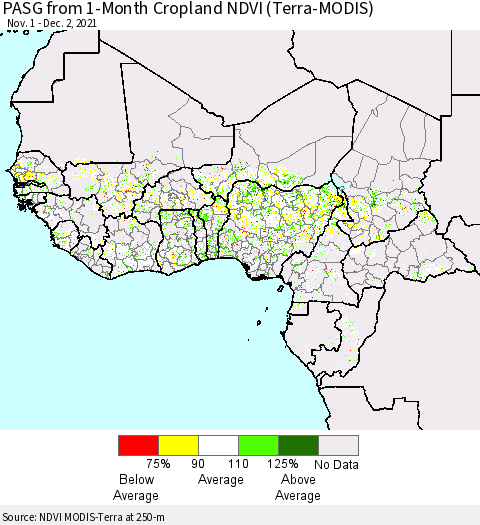 Western Africa PASG from 1-Month Cropland NDVI (Terra-MODIS) Thematic Map For 11/25/2021 - 12/2/2021