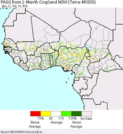 Western Africa PASG from 1-Month Cropland NDVI (Terra-MODIS) Thematic Map For 12/11/2021 - 12/18/2021