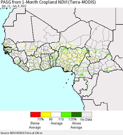 Western Africa PASG from 1-Month Cropland NDVI (Terra-MODIS) Thematic Map For 1/1/2022 - 1/8/2022