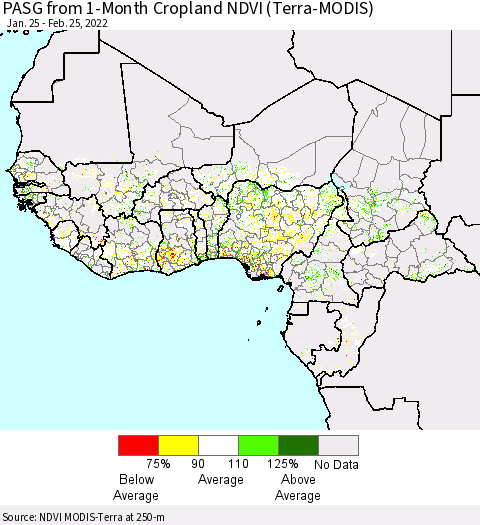 Western Africa PASG from 1-Month Cropland NDVI (Terra-MODIS) Thematic Map For 2/18/2022 - 2/25/2022