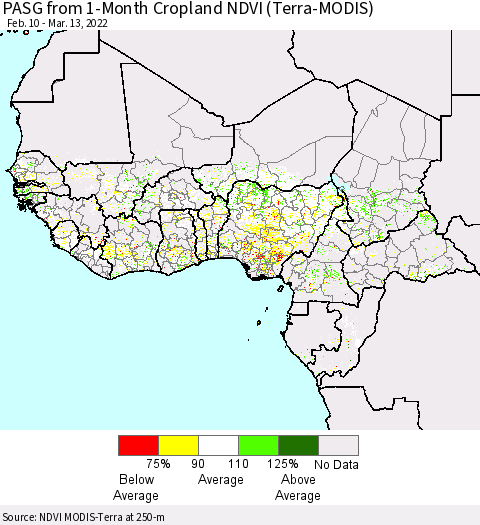 Western Africa PASG from 1-Month Cropland NDVI (Terra-MODIS) Thematic Map For 3/6/2022 - 3/13/2022