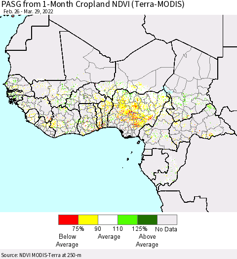 Western Africa PASG from 1-Month Cropland NDVI (Terra-MODIS) Thematic Map For 3/22/2022 - 3/29/2022