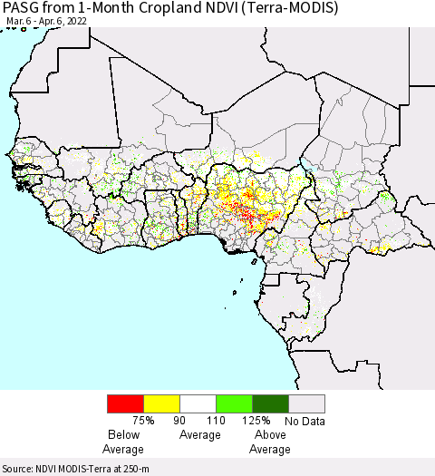 Western Africa PASG from 1-Month Cropland NDVI (Terra-MODIS) Thematic Map For 3/30/2022 - 4/6/2022