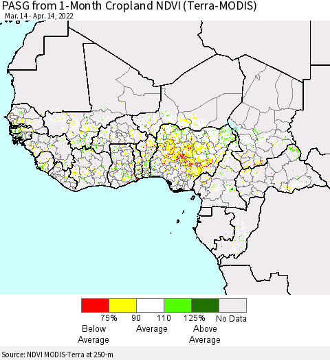 Western Africa PASG from 1-Month Cropland NDVI (Terra-MODIS) Thematic Map For 4/7/2022 - 4/14/2022