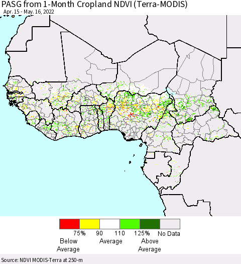 Western Africa PASG from 1-Month Cropland NDVI (Terra-MODIS) Thematic Map For 5/9/2022 - 5/16/2022