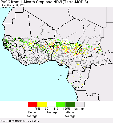 Western Africa PASG from 1-Month Cropland NDVI (Terra-MODIS) Thematic Map For 7/4/2022 - 7/11/2022