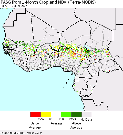 Western Africa PASG from 1-Month Cropland NDVI (Terra-MODIS) Thematic Map For 7/12/2022 - 7/19/2022