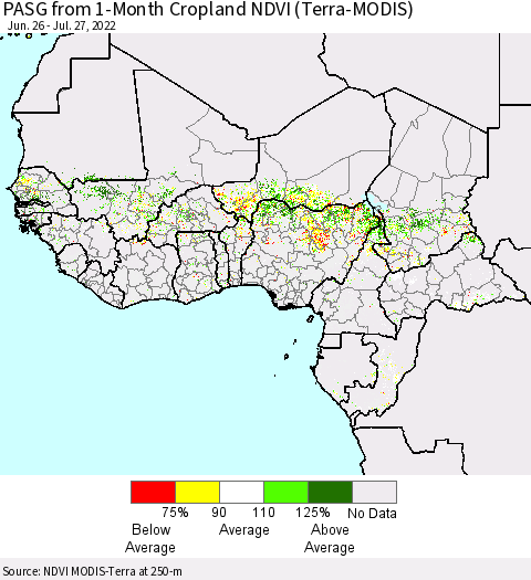 Western Africa PASG from 1-Month Cropland NDVI (Terra-MODIS) Thematic Map For 7/20/2022 - 7/27/2022