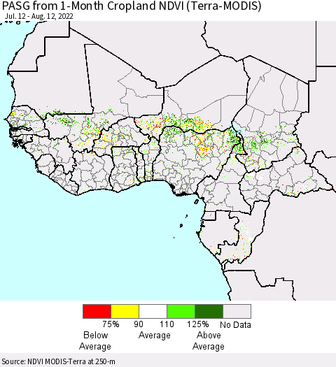 Western Africa PASG from 1-Month Cropland NDVI (Terra-MODIS) Thematic Map For 8/5/2022 - 8/12/2022