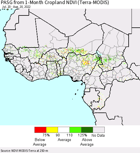 Western Africa PASG from 1-Month Cropland NDVI (Terra-MODIS) Thematic Map For 8/13/2022 - 8/20/2022