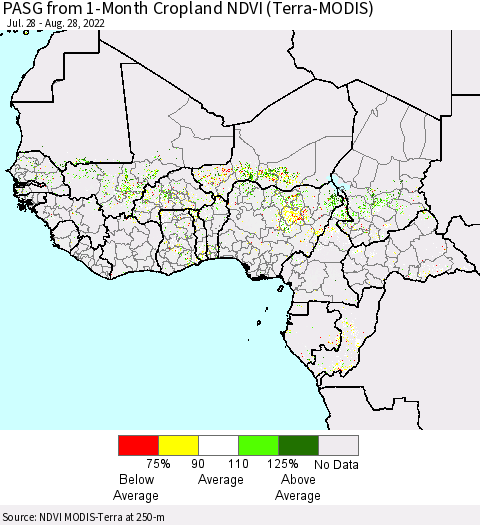 Western Africa PASG from 1-Month Cropland NDVI (Terra-MODIS) Thematic Map For 8/21/2022 - 8/28/2022