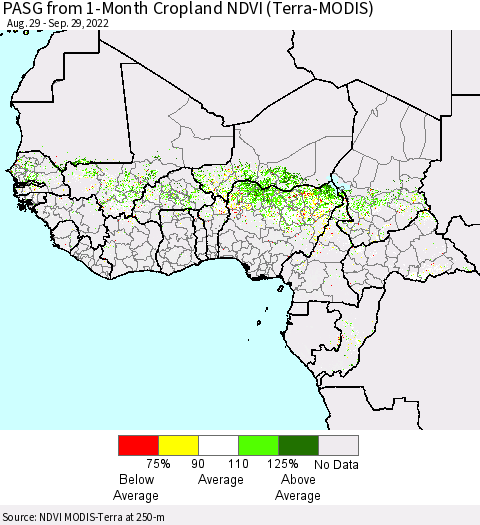 Western Africa PASG from 1-Month Cropland NDVI (Terra-MODIS) Thematic Map For 9/22/2022 - 9/29/2022