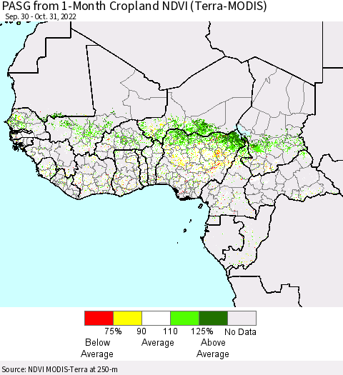 Western Africa PASG from 1-Month Cropland NDVI (Terra-MODIS) Thematic Map For 10/24/2022 - 10/31/2022