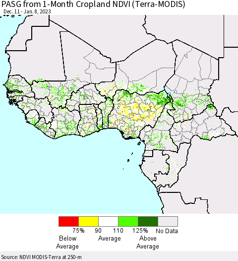 Western Africa PASG from 1-Month Cropland NDVI (Terra-MODIS) Thematic Map For 1/1/2023 - 1/8/2023