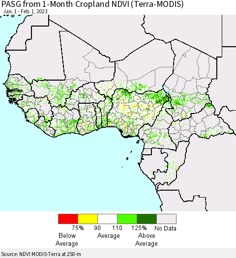 Western Africa PASG from 1-Month Cropland NDVI (Terra-MODIS) Thematic Map For 1/25/2023 - 2/1/2023