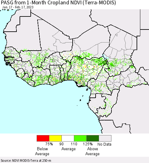 Western Africa PASG from 1-Month Cropland NDVI (Terra-MODIS) Thematic Map For 2/10/2023 - 2/17/2023